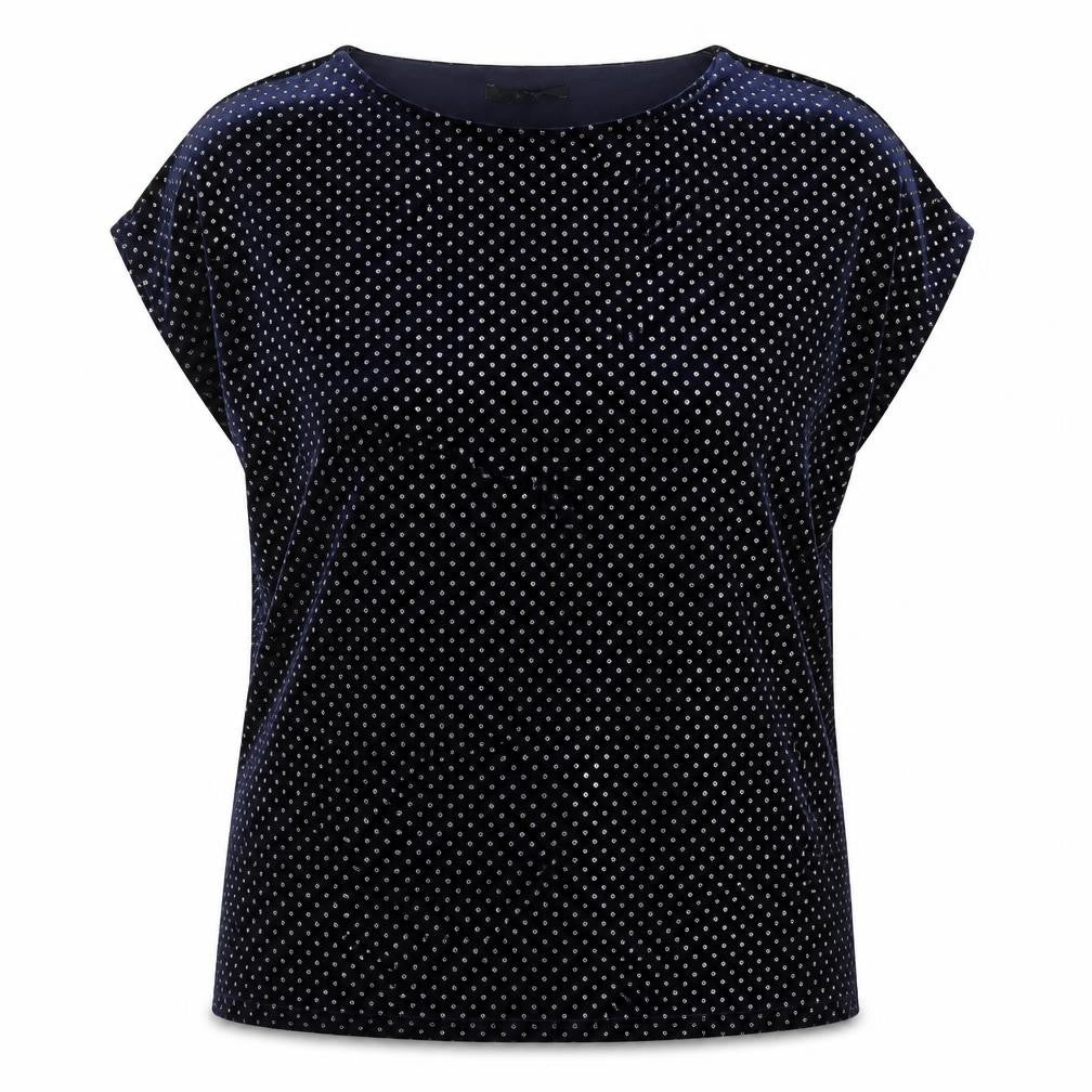 Front view of Next women’s blue polka dot polyester tunic blouse, size UK 18, boat neck