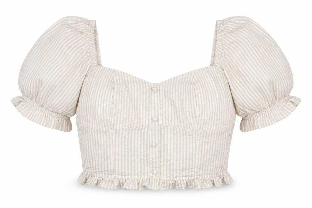 Front view of Stradivarius women’s multicoloured striped polyester cropped blouse, size L, square neck