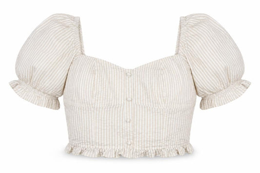 Front view of Stradivarius women’s multicoloured striped polyester cropped blouse, size L, square neck