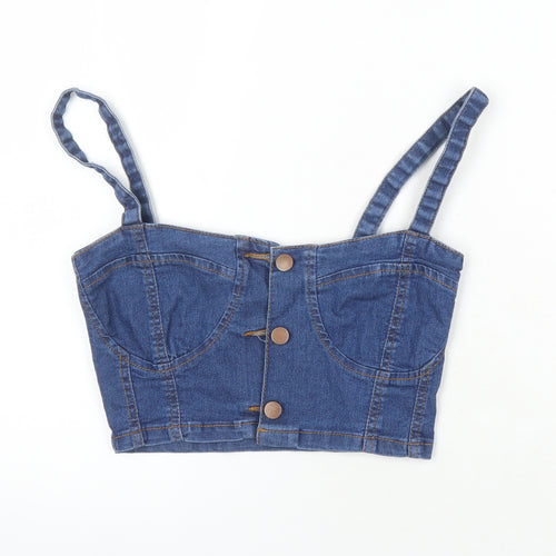 PRETTYLITTLETHING Womens Blue Herringbone Cotton Cropped Button-Up Size 6 Square Neck