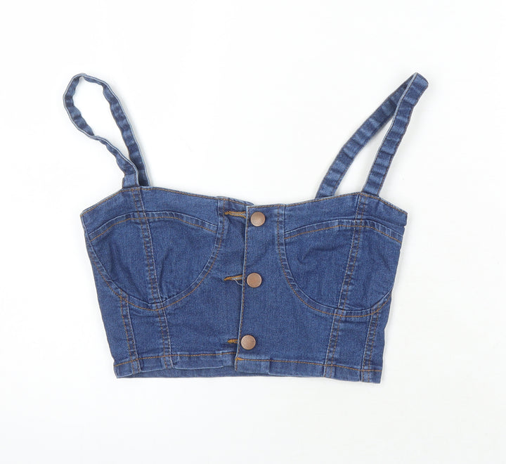 PRETTYLITTLETHING Womens Blue Herringbone Cotton Cropped Button-Up Size 6 Square Neck