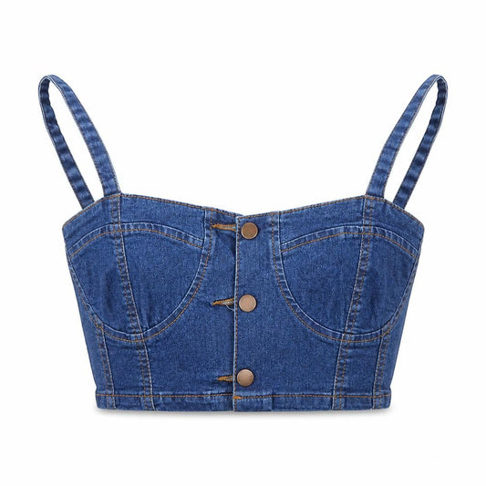 Front view of PRETTYLITTLETHING women’s blue herringbone cotton cropped button-up, size UK 6, square neck