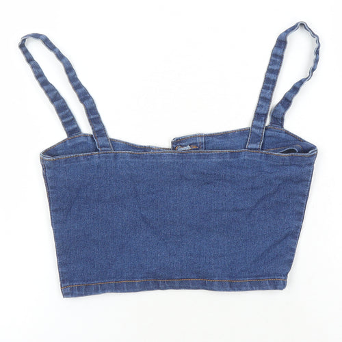 PRETTYLITTLETHING Womens Blue Herringbone Cotton Cropped Button-Up Size 6 Square Neck