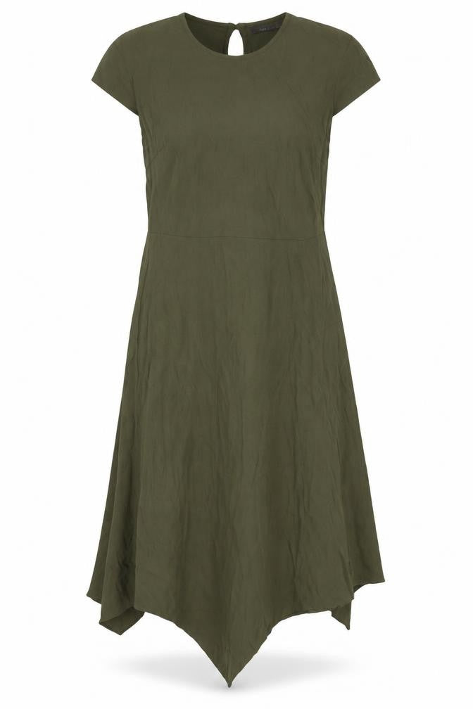 Front view of Marks & Spencer women’s green viscose shift, size UK 12, boat neck