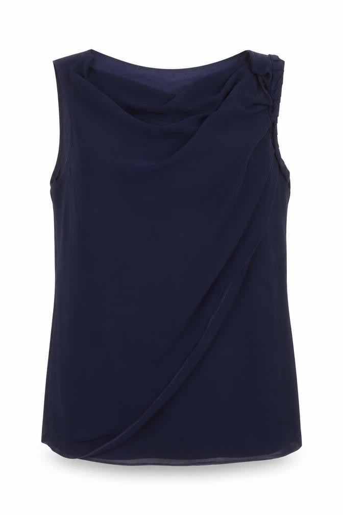 Front view of Marks & Spencer women’s blue polyester tunic blouse, size UK 16, boat neck