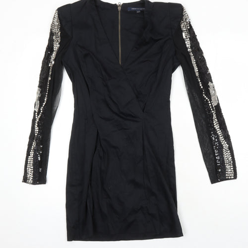 French Connection Womens Black Cotton Pencil Dress Size 10 V-Neck Zip - Sequin Detail