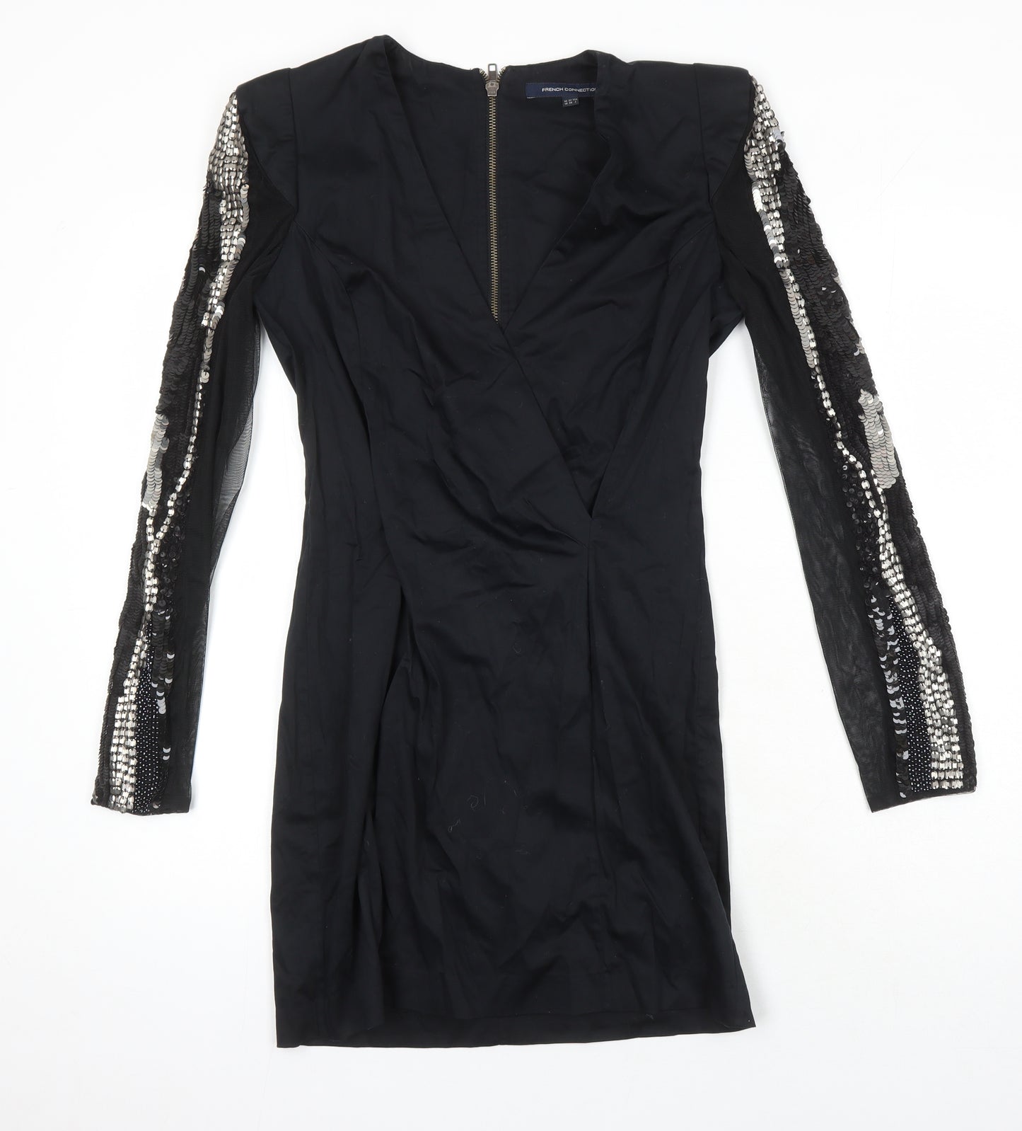 French Connection Womens Black Cotton Pencil Dress Size 10 V-Neck Zip - Sequin Detail