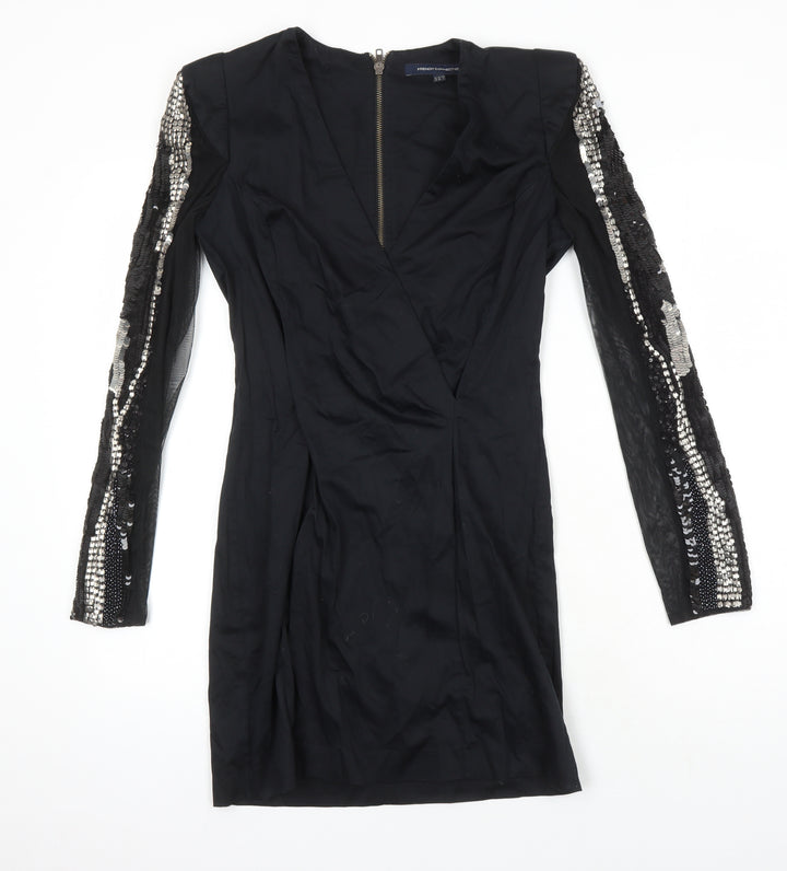 French Connection Womens Black Cotton Pencil Dress Size 10 V-Neck Zip - Sequin Detail