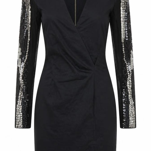 French Connection Womens Black Cotton Pencil Dress Size 10 V-Neck Zip - Sequin Detail