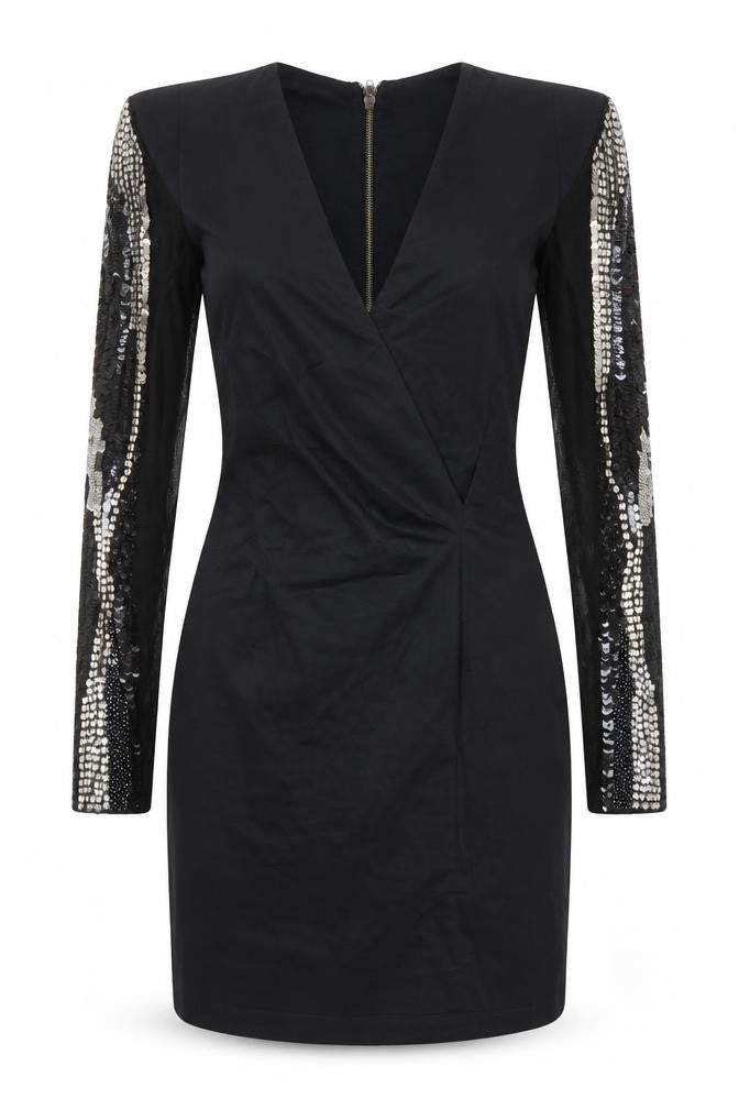 French Connection Womens Black Cotton Pencil Dress Size 10 V-Neck Zip - Sequin Detail