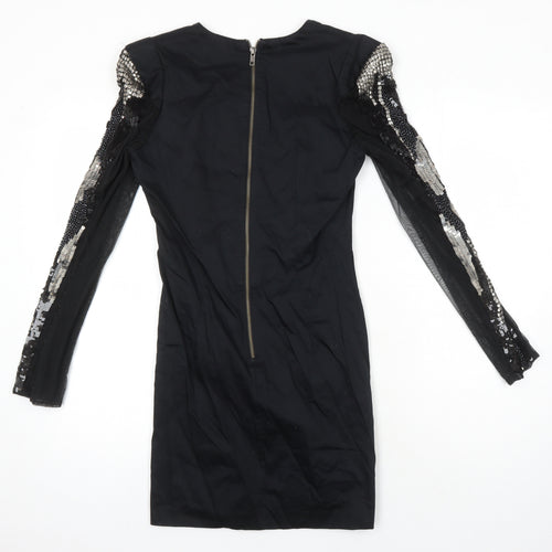 French Connection Womens Black Cotton Pencil Dress Size 10 V-Neck Zip - Sequin Detail