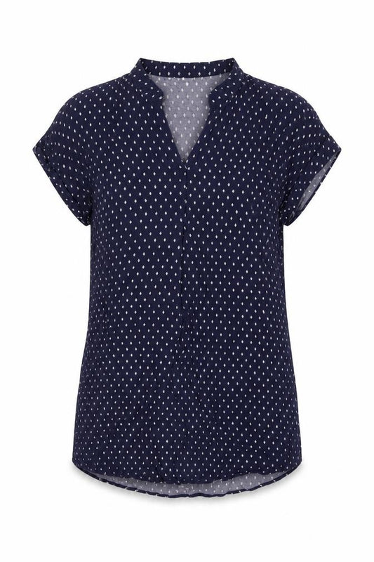 Front view of H&M women’s blue geometric viscose tunic blouse, size UK 10, v-neck