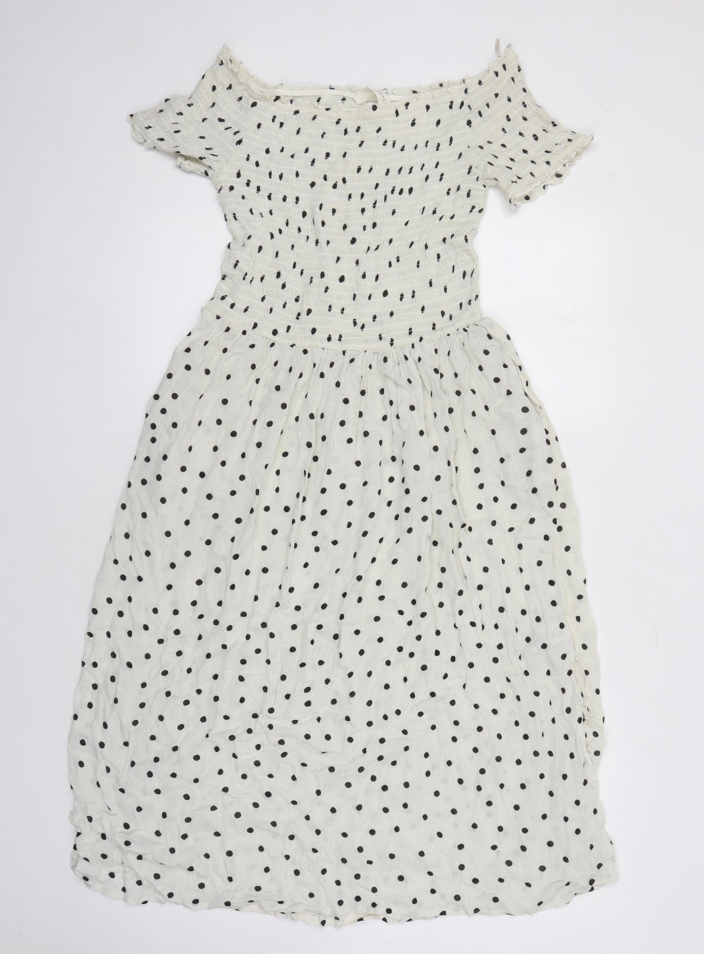M&S Womens Ivory Polka Dot Viscose Maxi Size 14 Off the Shoulder - Side Splits