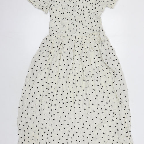 M&S Womens Ivory Polka Dot Viscose Maxi Size 14 Off the Shoulder - Side Splits