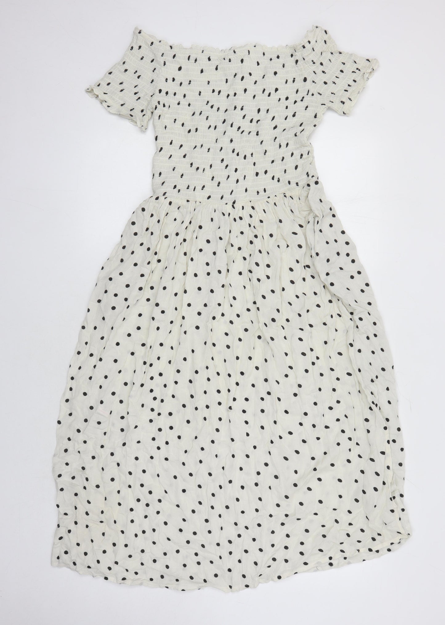 M&S Womens Ivory Polka Dot Viscose Maxi Size 14 Off the Shoulder - Side Splits