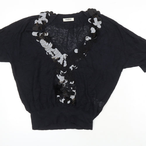 NICOLE FARHI Womens Black V-Neck Linen Pullover Jumper Size S - Sequin Detail