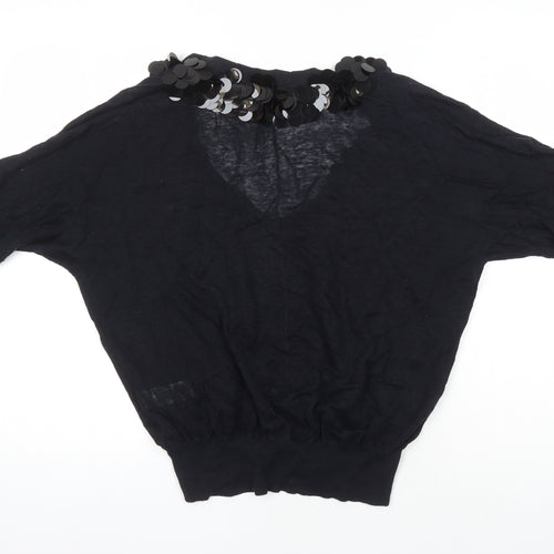 NICOLE FARHI Womens Black V-Neck Linen Pullover Jumper Size S - Sequin Detail