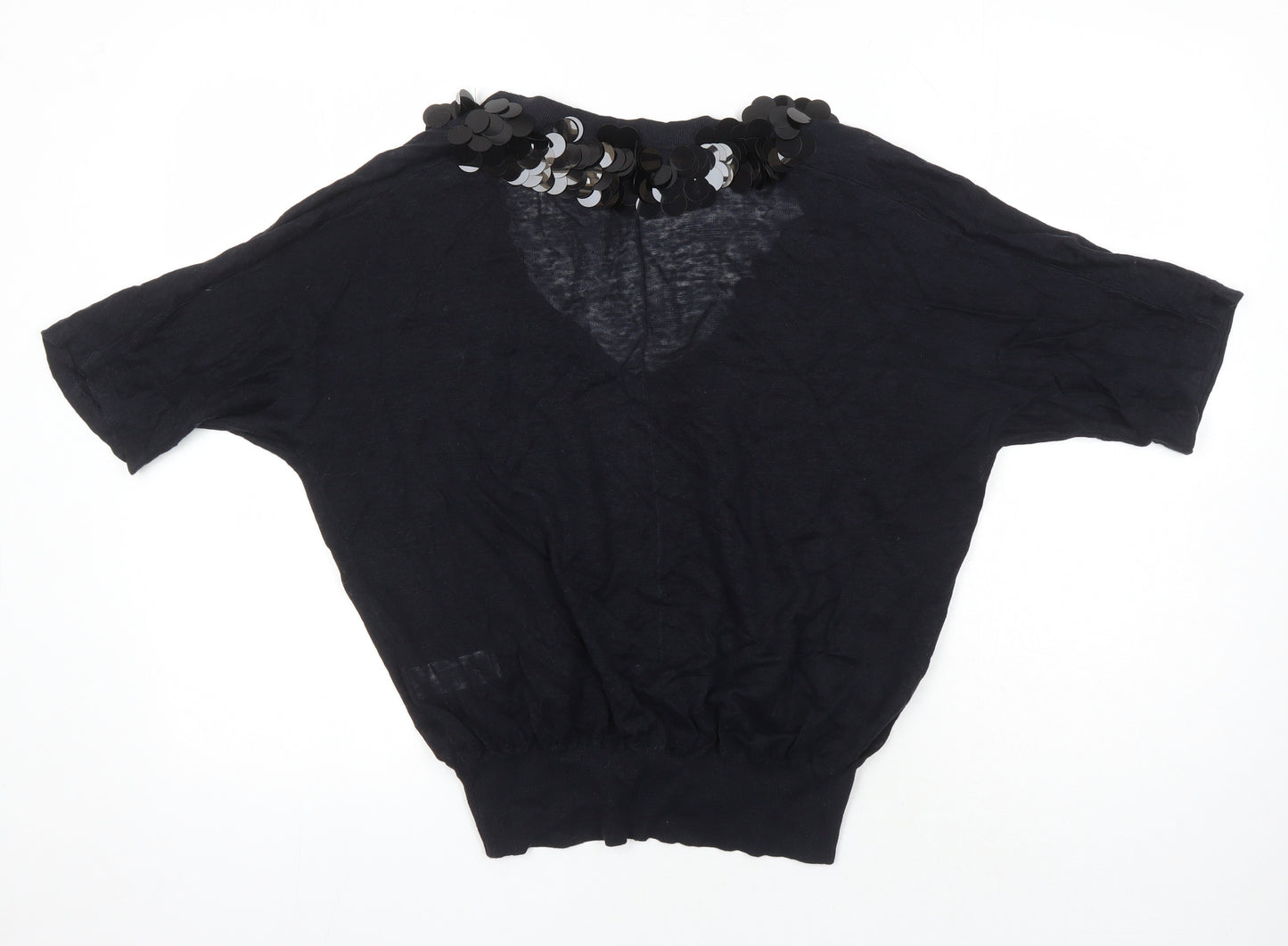 NICOLE FARHI Womens Black V-Neck Linen Pullover Jumper Size S - Sequin Detail