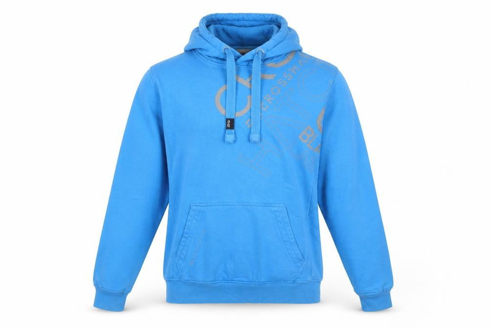 Front view of Crosshatch women’s blue cotton pullover hoodie, size S