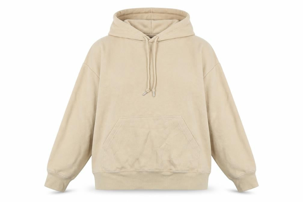 Front view of H&M women’s beige polyester pullover hoodie, size XL