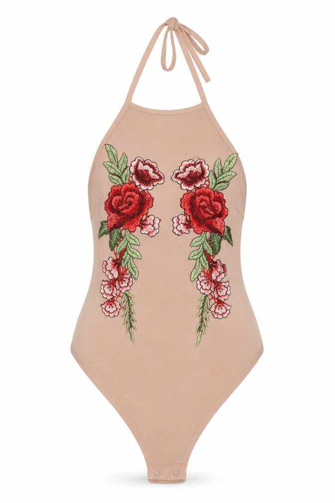 Front view of PRETTYLITTLETHING women’s beige polyester bodysuit one-piece, size UK 8, snap - flowers