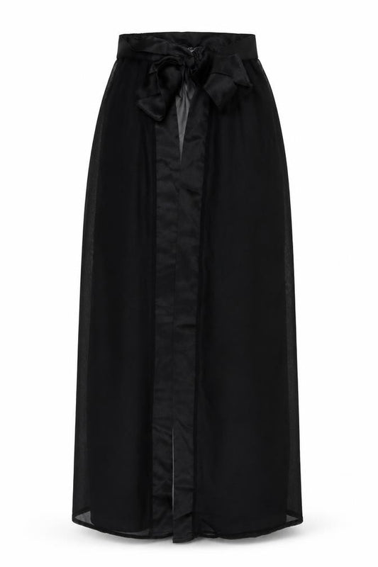 Front view of Boohoo women’s black polyester wrap skirt, size S, tie - skirt cover