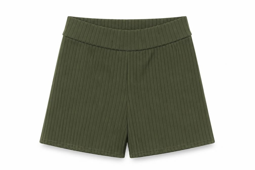 Front view of PRETTYLITTLETHING women’s green polyester compression shorts, size UK 8, 3-inch leg regular pull on