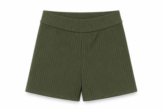 Front view of PRETTYLITTLETHING women’s green polyester compression shorts, size UK 8, 3-inch leg regular pull on