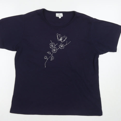 Lana Womens Blue Polyester Basic T-Shirt Size L Round Neck - Flower, Butterfly