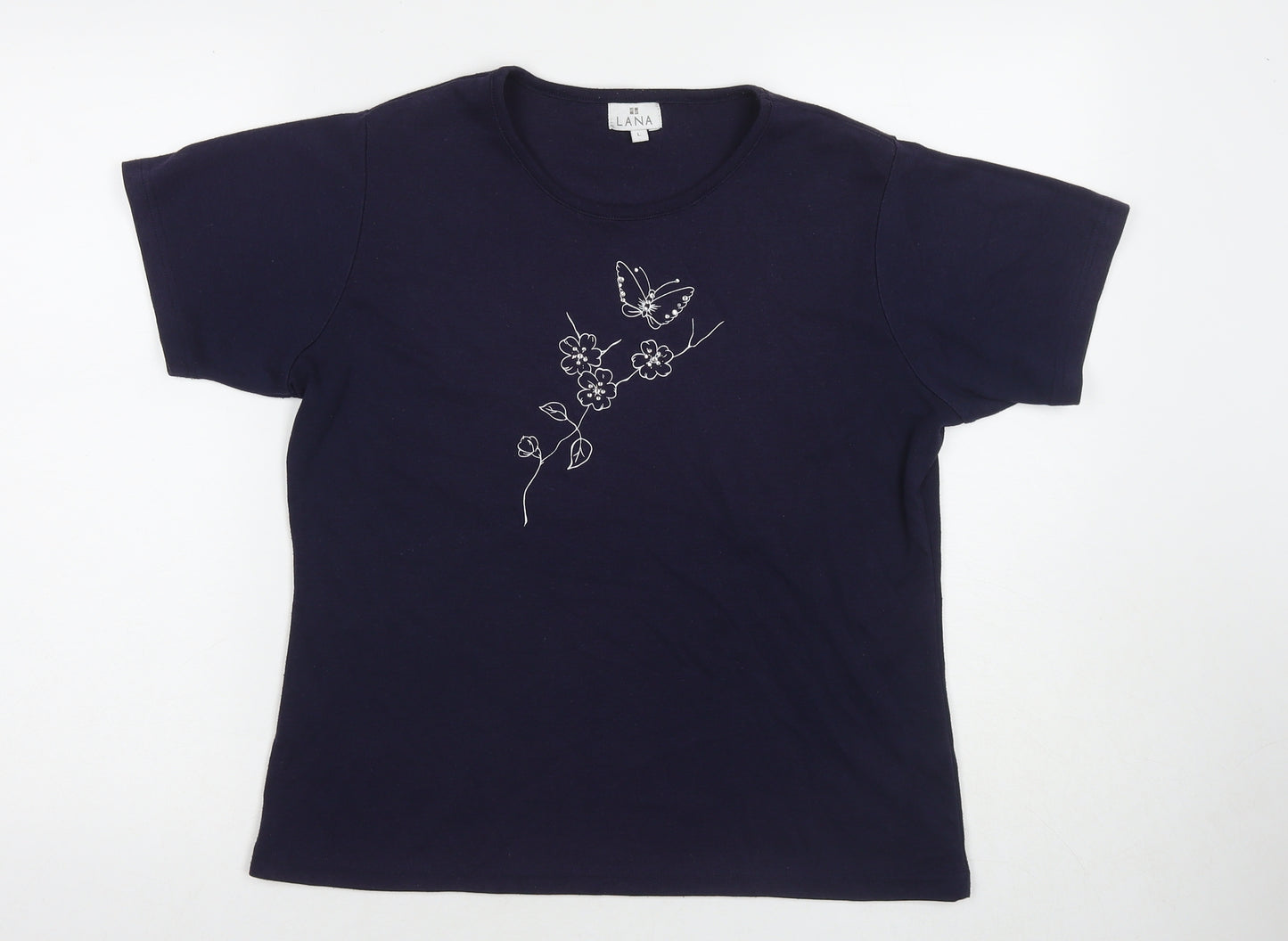Lana Womens Blue Polyester Basic T-Shirt Size L Round Neck - Flower, Butterfly