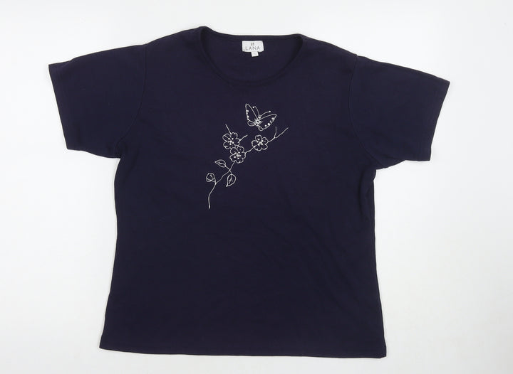 Lana Womens Blue Polyester Basic T-Shirt Size L Round Neck - Flower, Butterfly