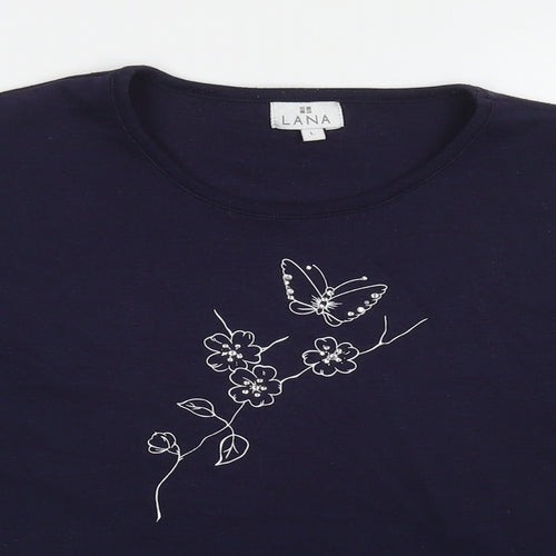 Lana Womens Blue Polyester Basic T-Shirt Size L Round Neck - Flower, Butterfly