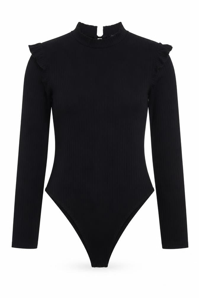Front view of Boohoo women’s black polyester bodysuit one-piece, size UK 10, snap