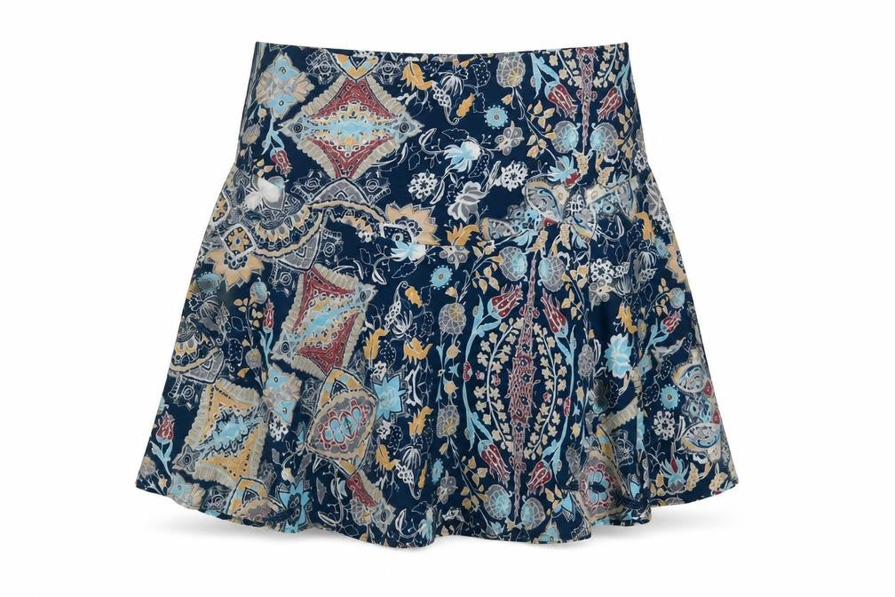 Front view of Next women’s blue floral polyester pleated skirt, size UK 8, zip