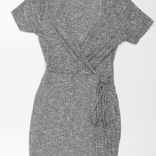 PRETTYLITTLETHING Womens Grey Polyester Wrap Dress Size 6 V-Neck Pullover