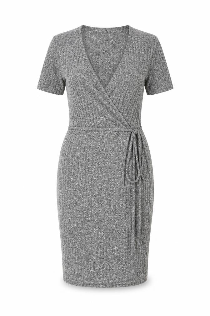 Front view of PRETTYLITTLETHING women’s grey polyester wrap dress, size UK 6, v-neck pullover