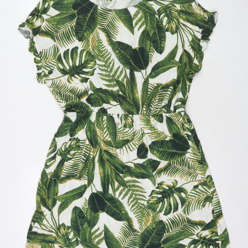 H&M Womens Green Floral Linen Fit & Flare Size M Round Neck Pullover