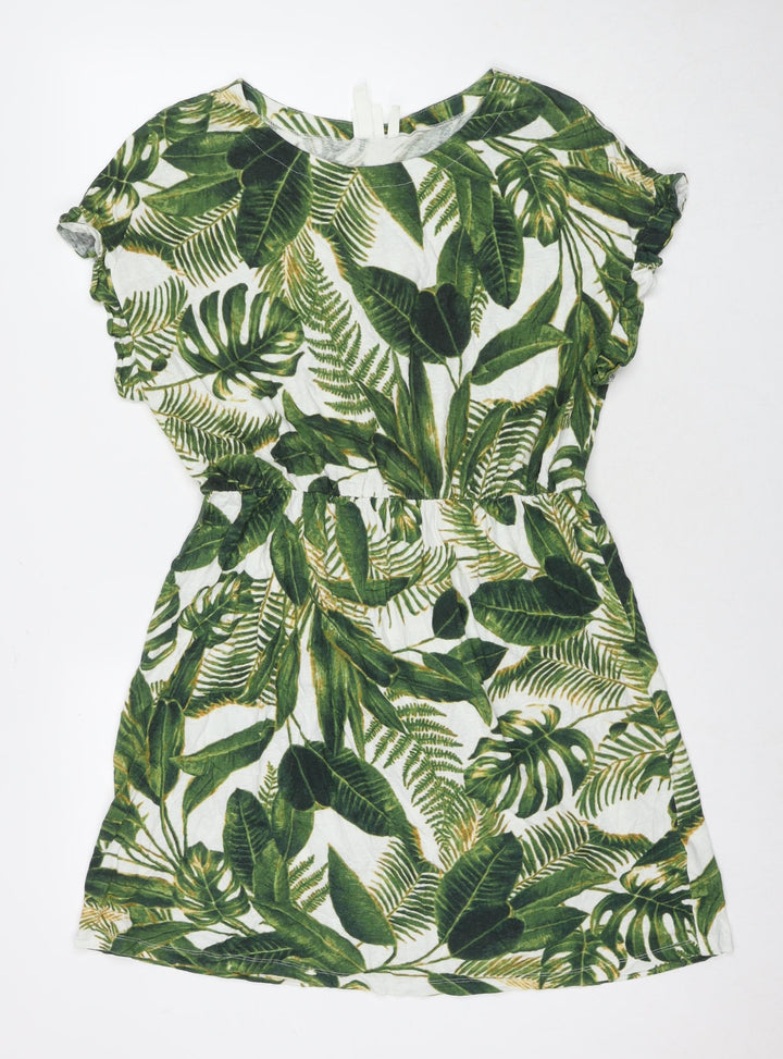 H&M Womens Green Floral Linen Fit & Flare Size M Round Neck Pullover