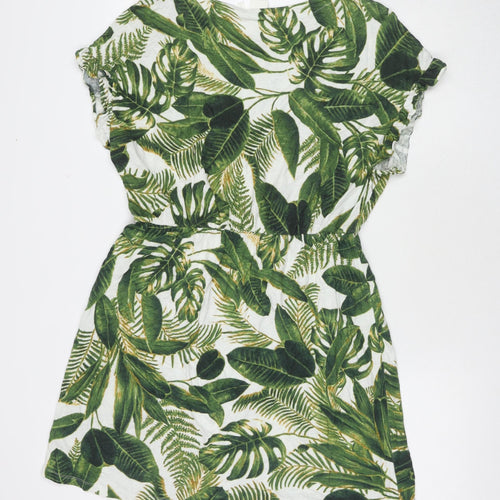 H&M Womens Green Floral Linen Fit & Flare Size M Round Neck Pullover