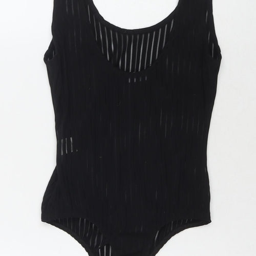 PRETTYLITTLETHING Womens Black Striped Polyester Bodysuit One-Piece Size 8 Snap