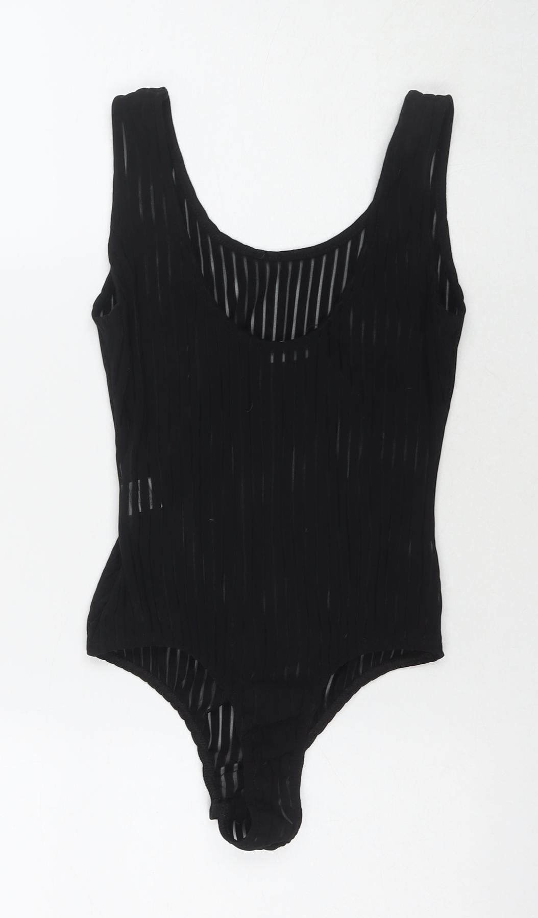 PRETTYLITTLETHING Womens Black Striped Polyester Bodysuit One-Piece Size 8 Snap