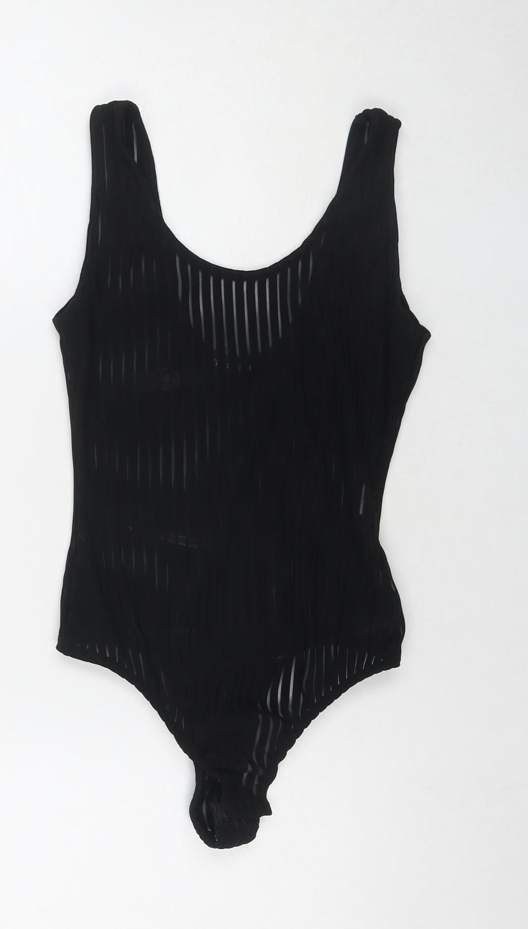 PRETTYLITTLETHING Womens Black Striped Polyester Bodysuit One-Piece Size 8 Snap