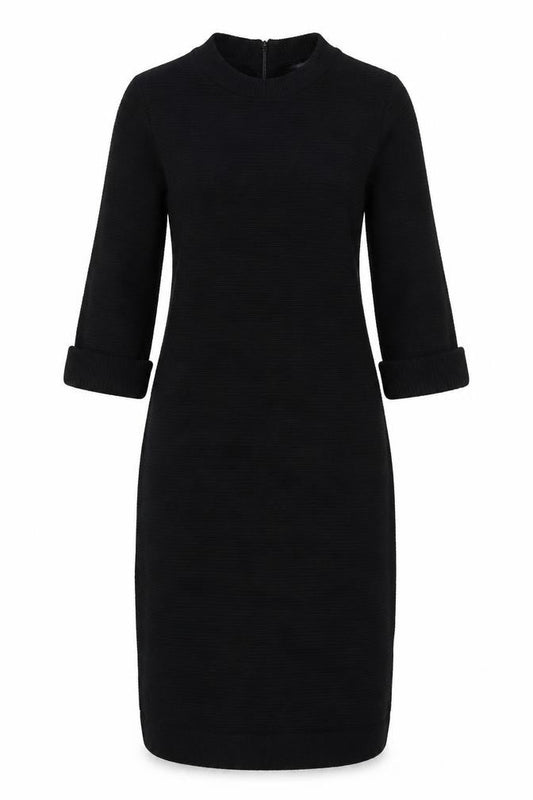 Front view of French Connection women’s black viscose a-line, size UK 8, round neck zip