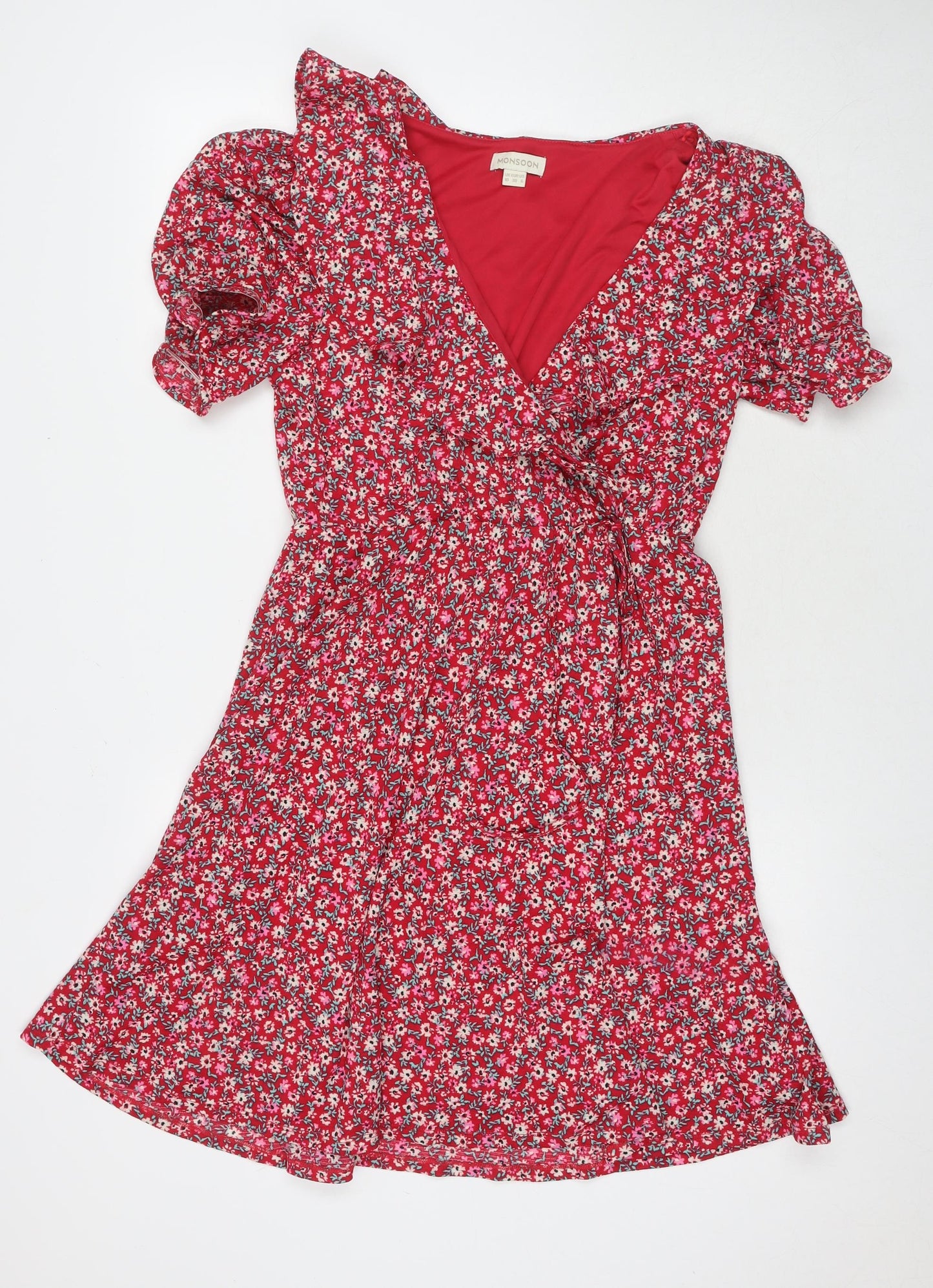 Monsoon Womens Red Floral Polyester A-Line Size 10 V-Neck Pullover