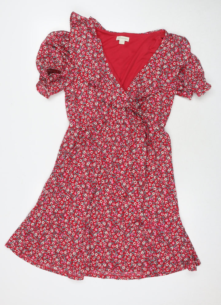 Monsoon Womens Red Floral Polyester A-Line Size 10 V-Neck Pullover