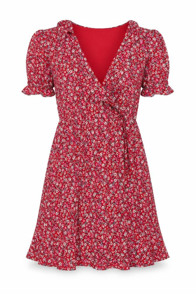 Front view of Monsoon women’s red floral polyester a-line, size UK 10, v-neck pullover
