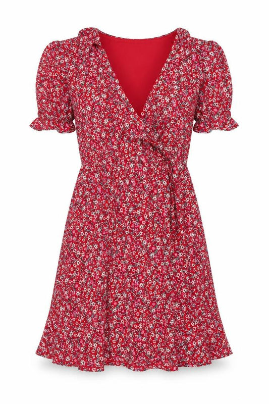 Front view of Monsoon women’s red floral polyester a-line, size UK 10, v-neck pullover