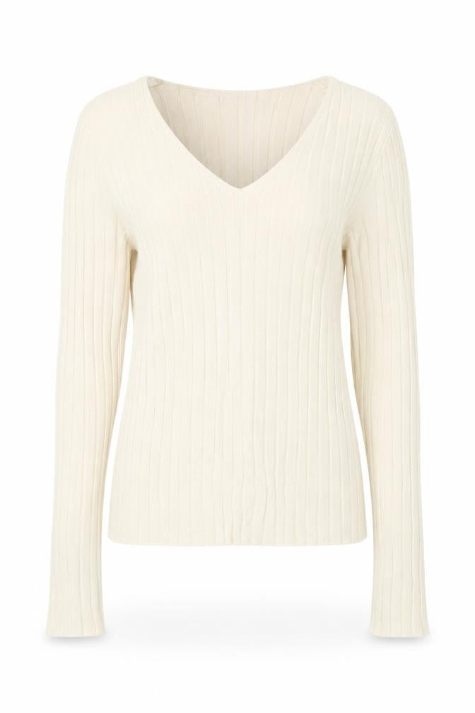 Front view of H&M women’s white v-neck acrylic jumper, size S, - ribbed