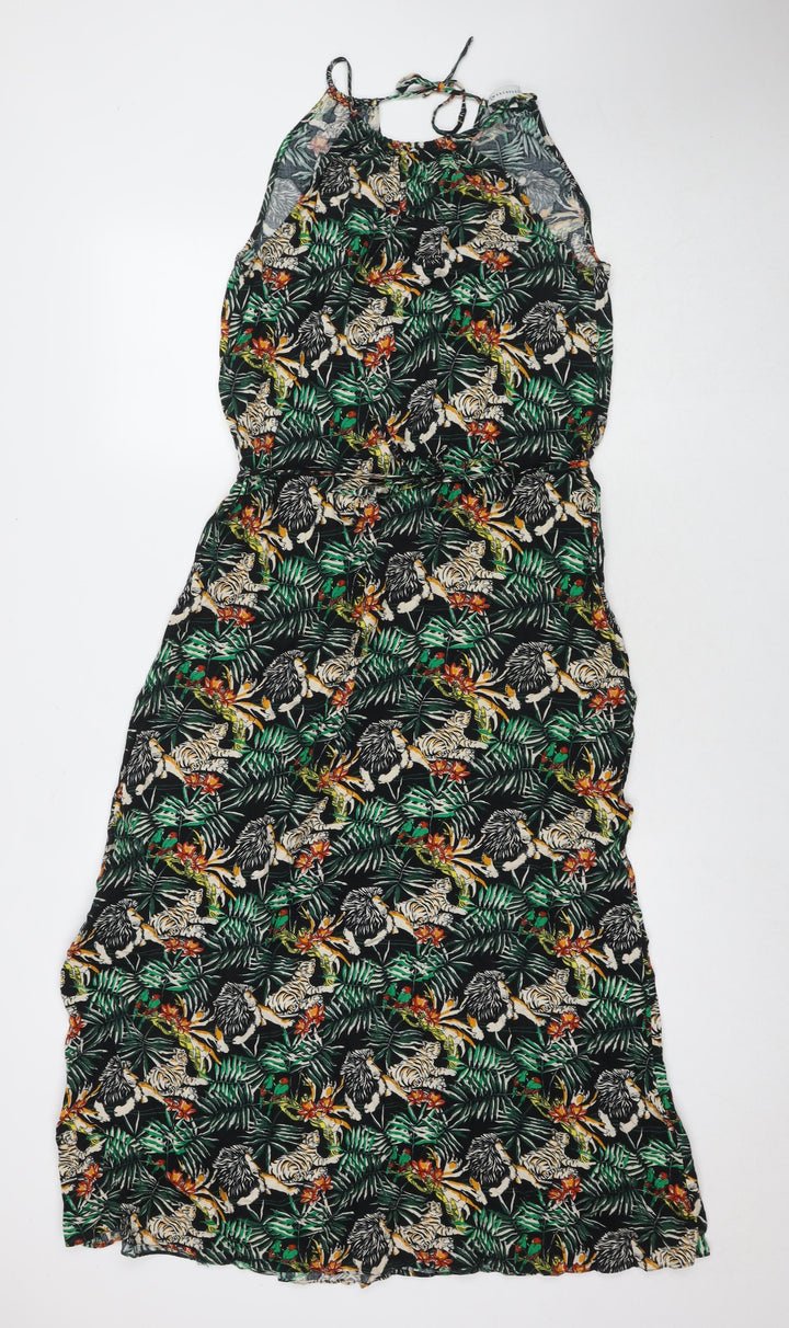 Warehouse Womens Green Floral Viscose A-Line Size 12 Square Neck Pullover