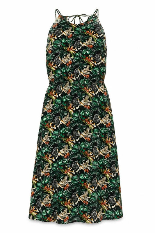 Front view of Warehouse women’s green floral viscose a-line, size UK 12, square neck pullover